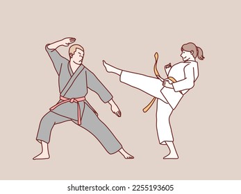 Man woman practice karate red belt training sparring partner simple korean style illustration