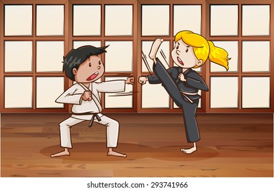 Man and woman practice martial arts in the room
