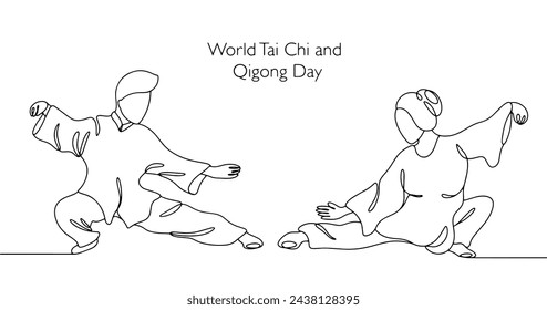 Man and woman practicing the Chinese martial art Taizquan. World Tai Chi and Qigong Day. Isolated vector on white background for different uses.