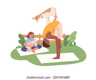 Man and woman practicing yoga exercises with goats. Stretching workout of happy couple with cute animals outdoors. People training on mats. Flat vector illustration isolated on white background.