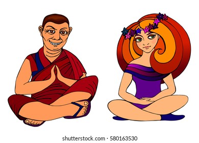 A man and a woman practicing yoga and meditating in lotus pose.