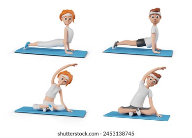 Man and woman practicing yoga on mats. Vector characters in cobra, lotus pose with sideways tilt