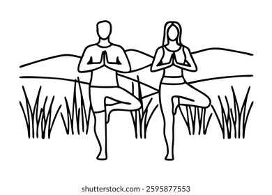 
Man and woman practicing yoga together in a serene setting line art flat vector illustration