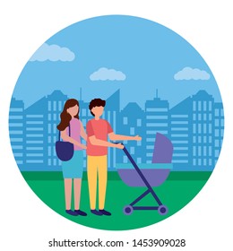 man and woman with pram pregnancy and maternity vector illustration