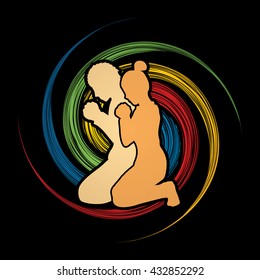 Man and Woman pray together designed on spin wheel background graphic vector.