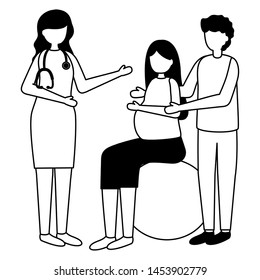 man and woman pregnancy sitting on ball visit doctor maternity scene flat vector illustration
