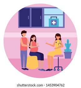 man and woman pregnancy sitting on ball visit doctor maternity scene flat vector illustration