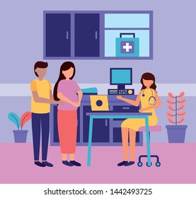 man and woman pregnancy visit doctor maternity scene flat vector illustration