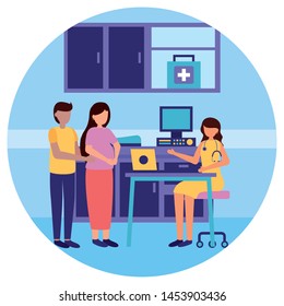 man and woman pregnancy visit doctor maternity scene flat vector illustration