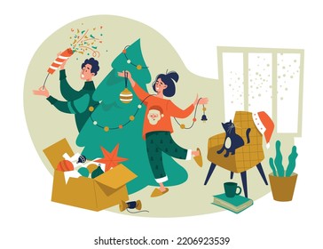Man and woman are preparing for christmas and new year. A happy family decorates a Christmas tree in a cozy interior. Trendy characters celebrate winter holidays. Vector image.