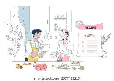 A man and woman preparing food in a kitchen, surrounded by fresh ingredients, following a recipe on a poster. Clean, minimal style. Concept of cooking. Vector illustration