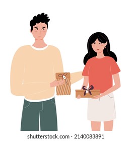 Man and woman present concept. Young happy man and woman give gifts to each other. Smiling couple in love. Romantic cute concept, poster, banner, card. Vector illustration in flat style.