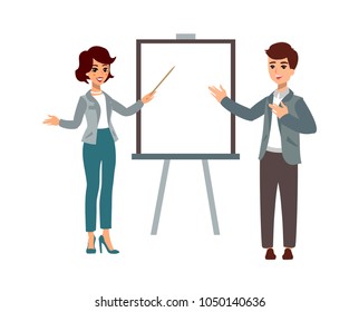 Man and woman present a project. Vector illustration with cartoon characters. Team building. Leadership. Management. Successful team.
