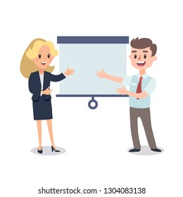 Man and woman present a project. Vector illustration with cartoon characters. Team building. Leadership. Management. Successful team. 