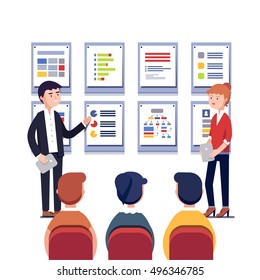 Man and woman presenting their project business plan. Showing data, explaining charts on cards. Business presentation, training or seminar. Flat style vector illustration isolated on white background.