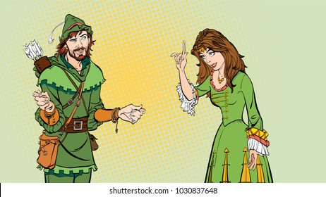 Man and woman. Princess teaching Robin Hood. Teaching princess. Lady in medieval dress. Medieval legend. Medieval woman. Robin Hood.