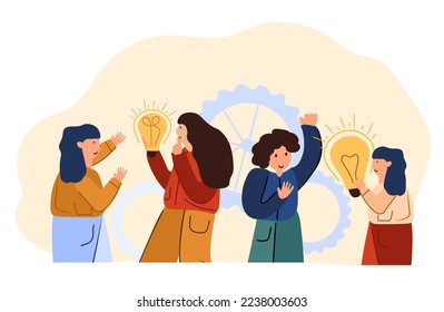 A man and a woman in the process of creating a business idea. The concept of finding brilliant ideas, understanding. A light bulb as a symbol of finding solutions and achieving goals. Vector