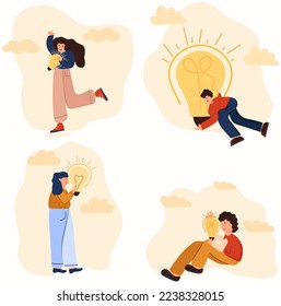 A man and a woman in the process of creating a business idea. A light bulb as a symbol of finding solutions and achieving goals. The concept of business, finding ideas, understanding. Vector. 