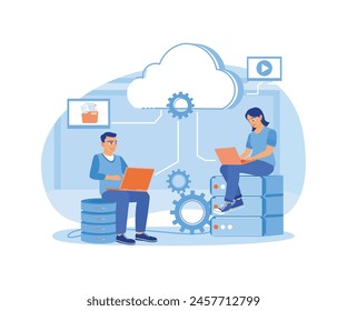 Man and woman processing data on the laptop. Storing data in data center. Could Computing concept. Flat vector illustration.