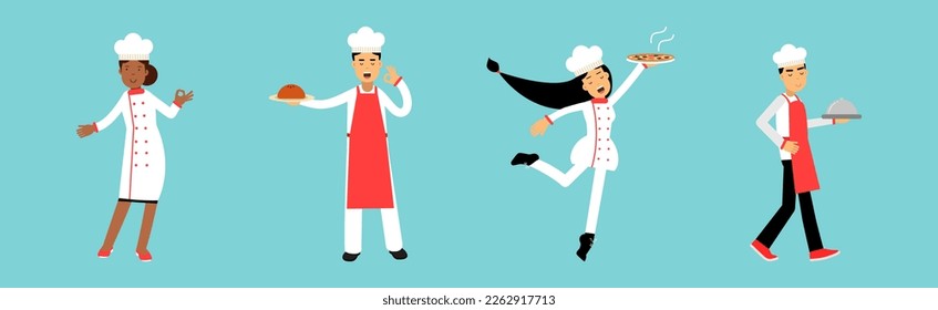 Man and Woman Professional Chefs Cooking Dish and Working In Restaurant Vector Set