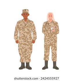 Man and woman professional military medic army doctors cartoon characters isolated set on white