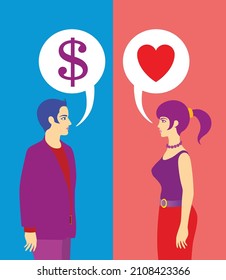 A man and a woman, in profile. Each has a speech bubble above their heads. In the man's speech bubble is a dollar sign. In the woman's speech bubble is a heart symbol.