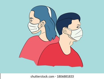 Man and Woman profile face in medical mask. Male and female head illustration. Hand drawn illustration style
