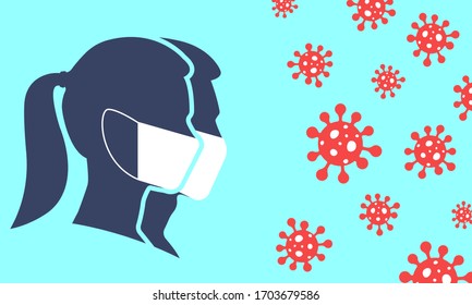 Man and Woman profile face silhouette in medical mask with virus cell in the air. Virus and flu protection, Coronavirus prevention and quarantine concept. Vector illustration.