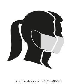 Man and Woman profile face silhouette in medical mask. Male and female head illustration. Vector illustration. 