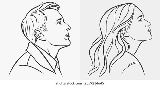 Man and woman in profile. Head and shoulders, vector illustration in linear style. The gaze is directed forward upwards. The concept of lofty thoughts and dreams. Man and woman silhouette in profile.