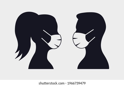 Man and woman profile icon in mask. Vector illustration isolated on white.