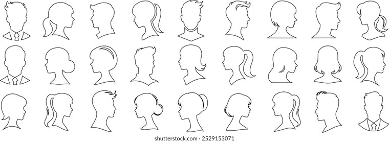 homem mulher perfil linha arte cabeça, penteado, homens, mulheres coleção de contorno, variedade linha arte. apresenta 27 penteados exclusivos, masculino e feminino cabeça silhuetas, mostrando vários penteados, vista lateral