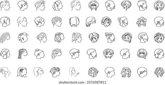 man woman profile line art head, hairstyle, men, women outline collection, variety line art