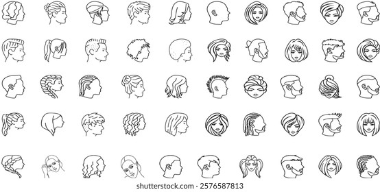 man woman profile line art head, hairstyle, men, women outline collection, variety line art