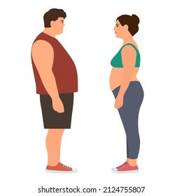 Man and woman in profile with   overweight. Problems with excess weight. The concept of bad eating habits, gluttony, obesity and unhealthy eating. Vector illustration