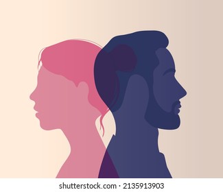 Silueta de perfil de hombre y mujer. Características comunes y diferencias entre hombres y mujeres. Un par de amantes. Miran en direcciones diferentes. Relaciones familiares. Ilustración plana del vector