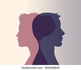 Man and woman profile silhouette. Generalities and differences between men and women. A couple of lovers. A young couple. They look in different directions. Family relationships. Vector flat