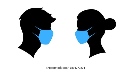 Man and woman profile silhouettes in medical mask. Protection against viruses concept. Healthcare illustration