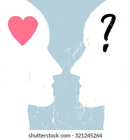 Man and woman profiles with different emotions. Relations concept. Grunge styled. Abstract unrecognizable faces. Heart and question signs. Vector illustration.