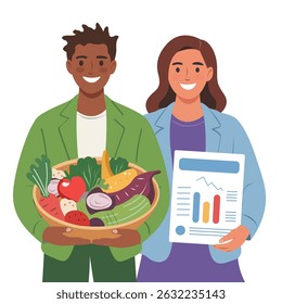 a man and woman promoting sustainable agriculture. The man holds a basket of fresh organic vegetables, while the woman presents a data report, symbolizing eco-conscious farming collaboration.