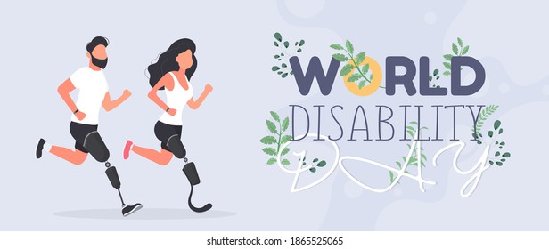 A man and a woman with a prosthetic leg are running. World Day of Persons with Disabilities. International Day of Persons with Disabilities. Vector illustranion.