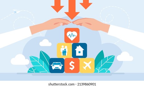 Man and woman protect values. Assurance. The metaphor of insurance life, property, car, health, family, travel, home, business. Protection from threats. Family protection care. Flat design. Vector 