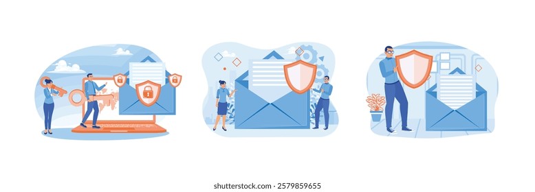 Man and woman protecting computer data from crime. Safely protect email data. Business asset security systems. Email encryption concept. Set flat vector illustration.