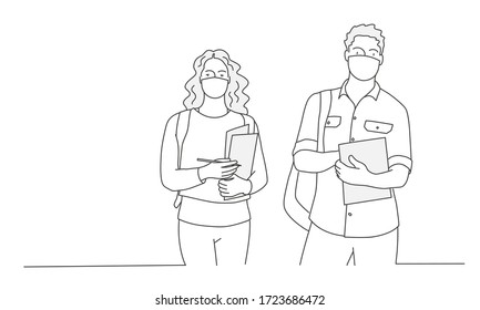 Man and woman with protection mask. Contour drawing vector illustration. Line art. 