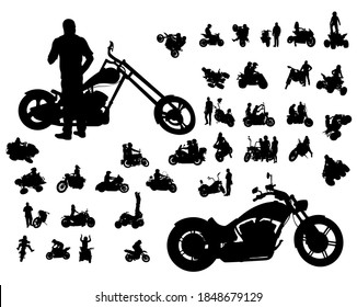 Man and woman in protective clothing rides a retro bike. Isolated silhouette on a white background