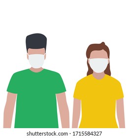 Man and woman in a protective mask against viruses. Fashion trendy illustration, flat design. Pandemic and epidemic of coronavirus in the world