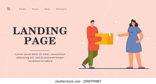 Man and woman with protective medical masks. Flat vector illustration. Man holding box full of masks and girl taking one of them. Protection, health, disease, COVID19, coronavirus concept for design
