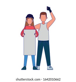 man and woman protestating with blank post over white background, colorful design, vector illustration