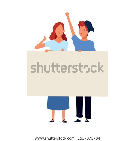 man and woman protesting with poster over white background, vector illustration
