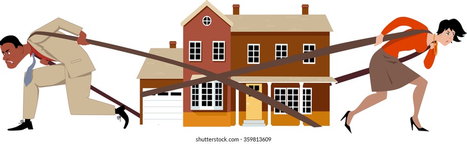 Man And Woman Pulling A House Apart As A Metaphor For A Divorce And Division Of Assets, EPS 8 Vector Illustration, No Transparencies